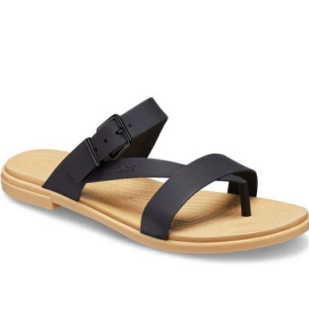 Crocs Tulum Black Toe Post Strappy Buckle Flat Sandals Slides Women's Size 11